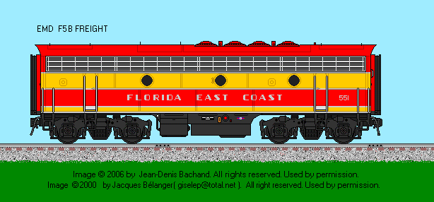 Drawing of FEC F5B #551 in reddish-orange and yellow livery.